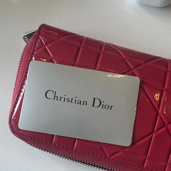 Dior Cannage Patent Leather Long Wallet Hot Pink Zip Clutch with Card - Picture 4 of 7